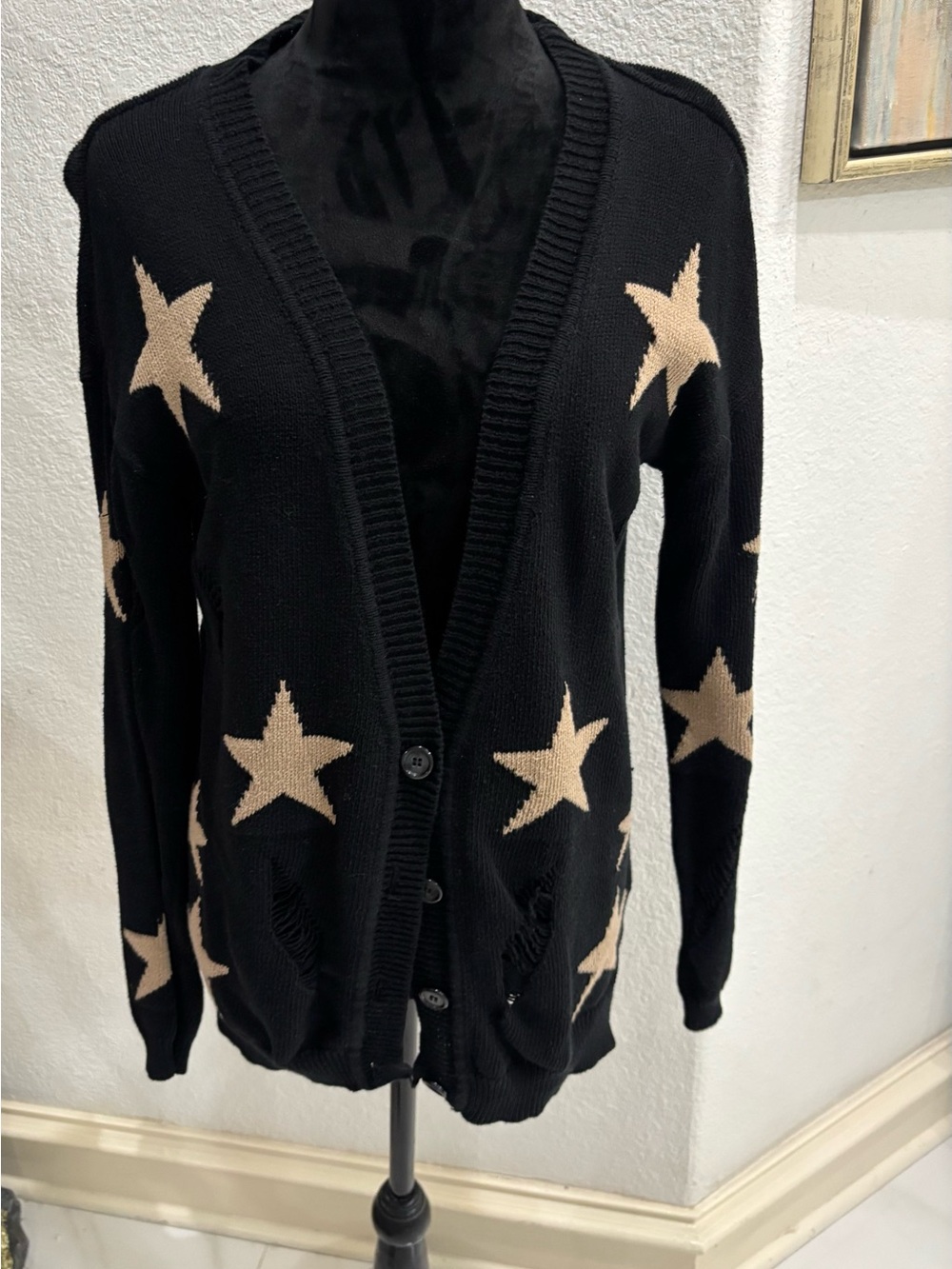 Black Star-Print Cardigan Sweater - Neutral Star Design